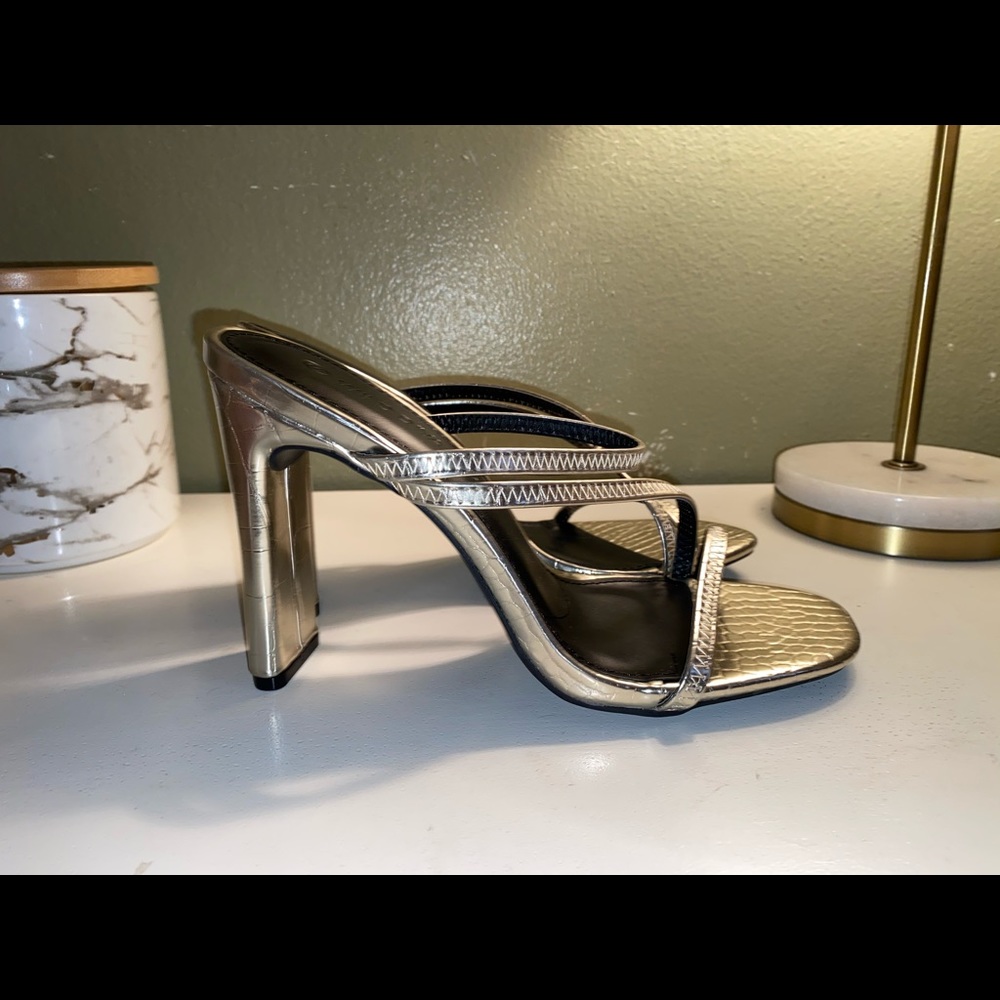 MISS LOLA Gold Croc Block Heeled Sandals
